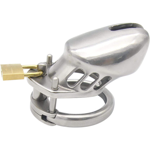 Metallimies teräksinen siveysvyö, pieni koko, ilmastoitu penistuppi ja lukko.