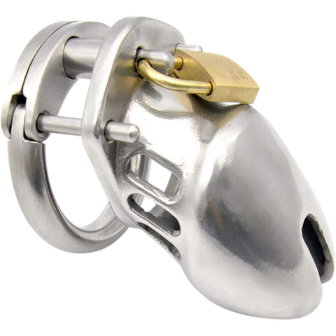 Metallimies teräksinen siveysvyö, pieni koko, sivukuvakulma, lukko ja ilmastoitu penistuppi.