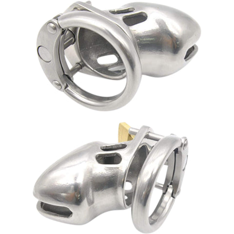 Metallimies teräksinen siveysvyö, pieni koko, alaosakulma, ilmastoitu penistuppi ja lukko.