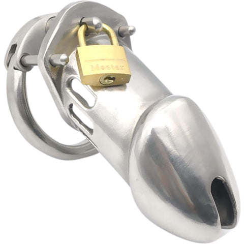 Metallimies teräksinen siveysvyö, lukko ja virtsaamisreikä, muotoiltu putki.